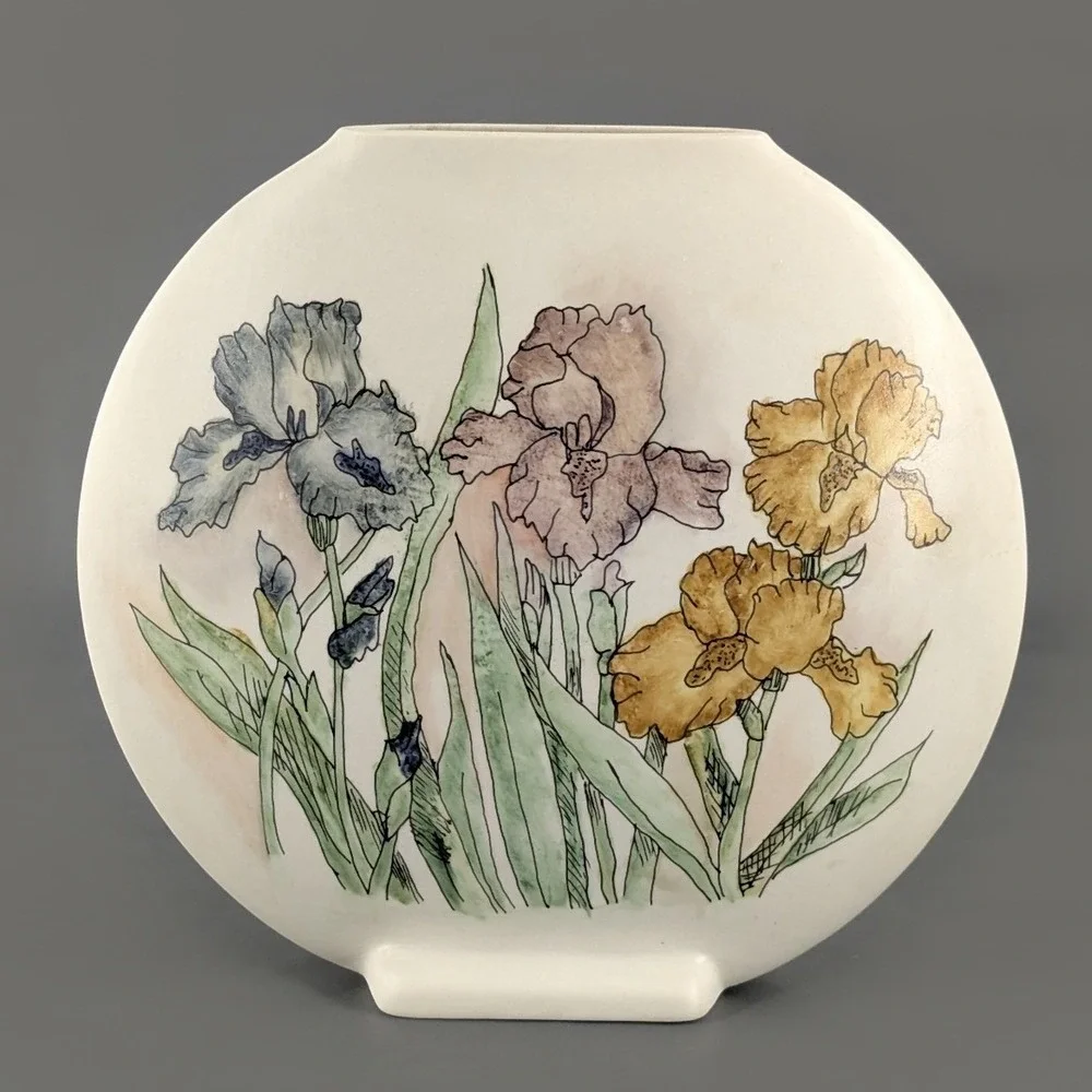Ceramic Round Flat Iris Floral Vase Matte White Botanical Pottery 8in